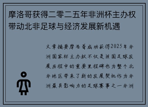 摩洛哥获得二零二五年非洲杯主办权带动北非足球与经济发展新机遇
