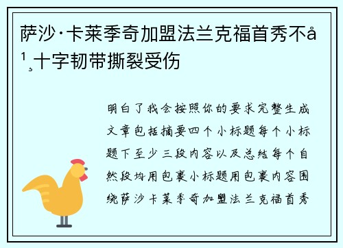萨沙·卡莱季奇加盟法兰克福首秀不幸十字韧带撕裂受伤 萨沙·卡莱季奇加盟法兰克福首秀不幸十字韧带撕裂受伤